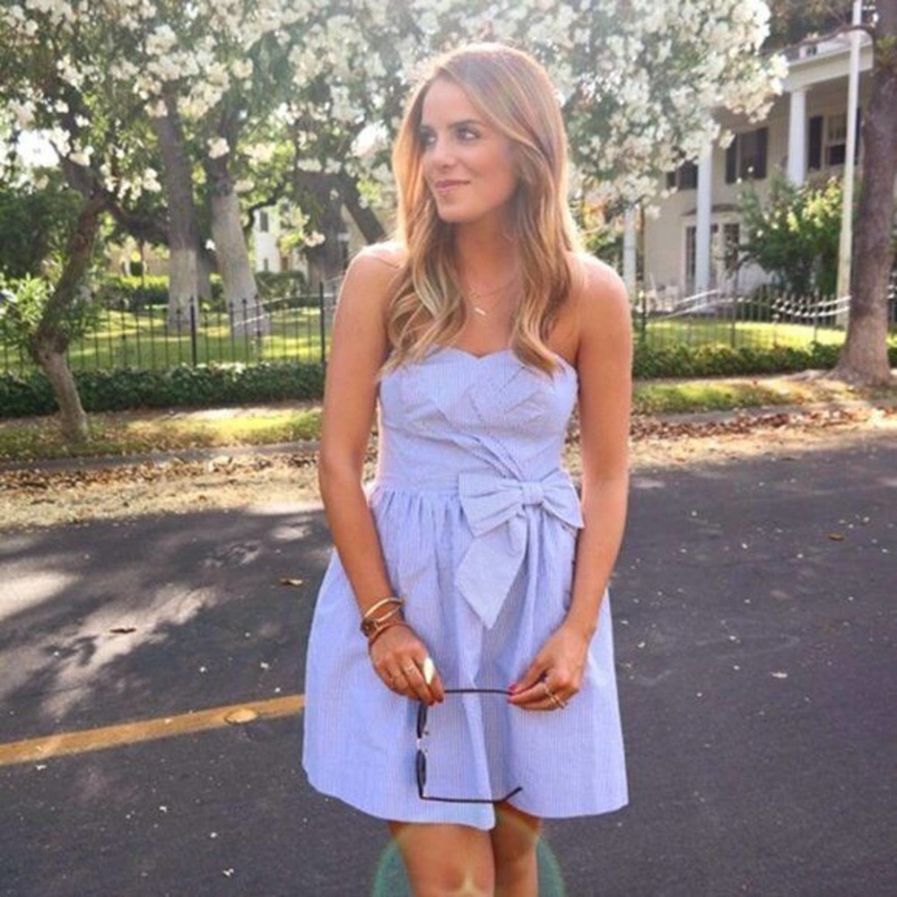 Lilly Pulitzer Henrietta Blue White Seersucker Stripe Strapless Bow Dress Size S - Picture 3 of 9